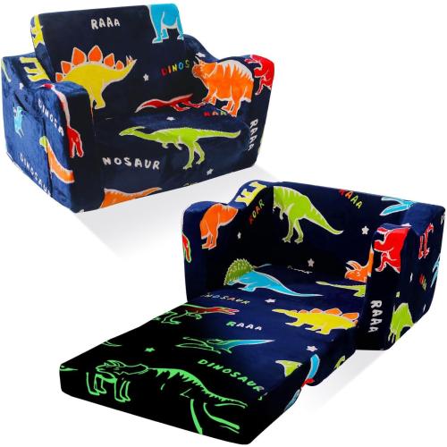 Toddler Couch, Glow in the Dark Dinosaur Kids Couch, 2-in-1 Foldable Flip Open Kids Sofa Chair for Reading, Playtime and Playroom, Gift for Boys and Girls
