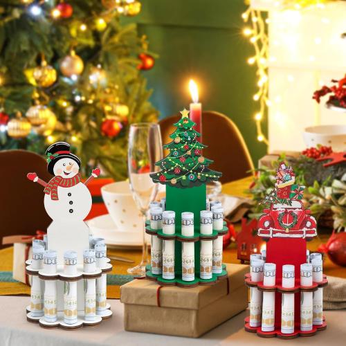 3 Pcs Christmas Money Holder, Wooden Money Holders, Christmas Ornament Money Holder with 10 Holes Cake for Table Decor Personalized Money Cash Gift Can be Written On The Back