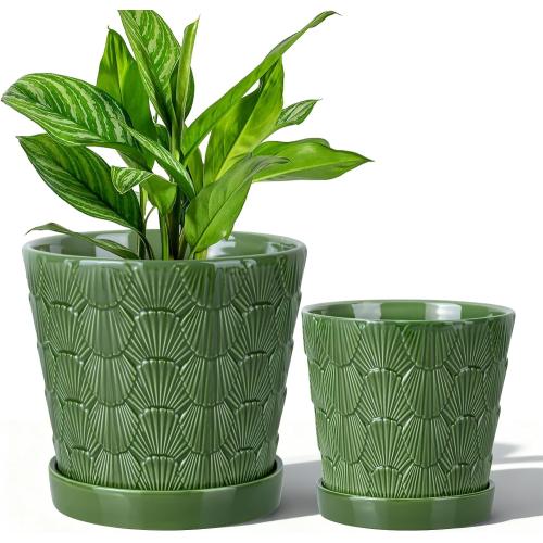 Ceramic Plant Pot,5 6 Inch Flower Pots with Drainage Hole&Tray,Ceramic Planter for Succulents Cactus,Indoor/Outdoor Pot for Plants,Set of 2- Patina