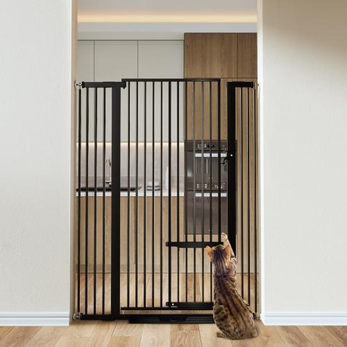 Extra Tall Pet Gate for Cats,  Extra Wide Cat Gate with Adjustable Cat Door, Pressure Mounted Easy Walk Through Pet Gate with Door for Stairs, Doorways, Kitchen(Black)