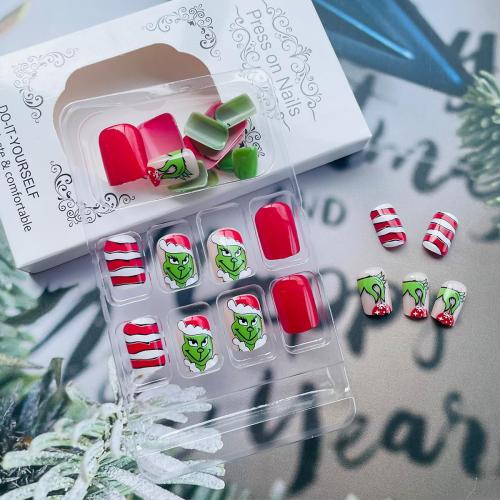 Christmas Nails,24Pcs Short Press on Nails Christmas Fake Nails with Cute Green Monster Designs Full Cover Glitter Red Green Xmas False Nail Holiday Artificial Square Glue on Nail for Women DIY Nail