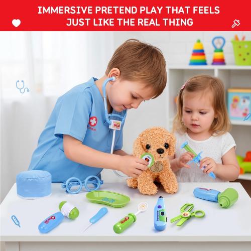 Meland Toy Doctor Kit for Kids - Pretend Play Doctor Set with Dog Toy, Carrying Bag, Stethoscope Toy & Dress Up Costume - Doctor Play Gift for Kids Toddlers Ages 3 4 5 6 Year Old for Role Play