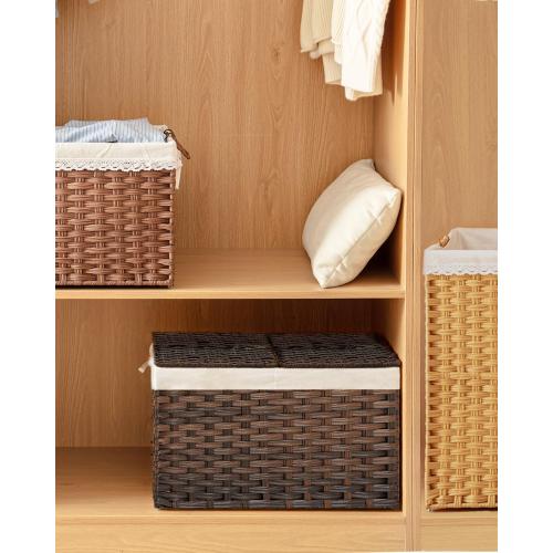 SETVSON Storage Basket with Lid Rattan Woven Storage Baskets with 2 Separate Lids, 17.2 Gallon (65 L), 22 x 13 x 13.8 Inches,Foldable, 2 Removable Liner Bags Handles for Bedroom, Laundry Room Brown