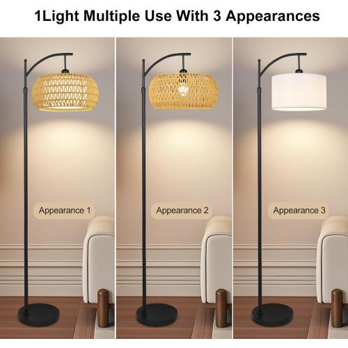 Arc Floor Lamps for Living Room Rattan Boho Floor Lamp with Remote Control,Dimmable LED Floor Lamp Wicker Lamp Shades Black Standing Lamp with 3 Color Temperature Tall Floor Lamps For Bedroom Corner