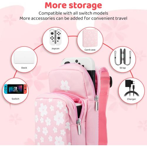 FUNDIARY Pink Carrying Travel Bag for Switch 2/Switch/OLED/Lite with Sakura Design, Portable Accessories with Pink Sakura Shoulder Bag Crossbody Backpack, 12 Game Case Holder and 2 Thumb Caps