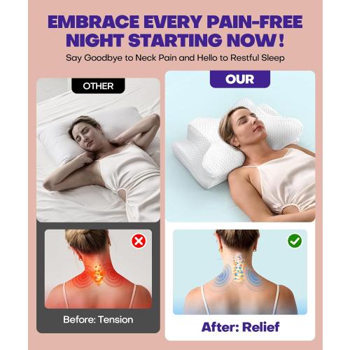 Cervical Neck Support Pillow for Side Sleepers, Orthopedic Contour Memory Foam Pillow for Neck Relief, Ergonomic Sleeping Pillow for Back and Stomach Sleepers, Cooling Pillow for Sleeping, White