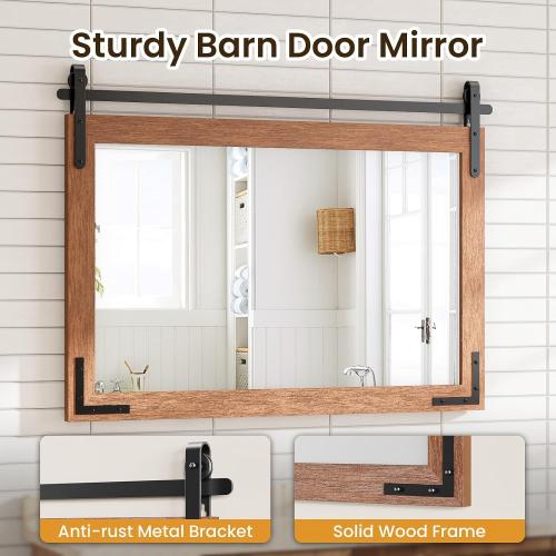 Farmhouse Bathroom Mirror, 40x26 Rustic Wood Vanity Mirror Brown | Decorative Wood Framed Wall Mounted Mirror,Barn Door Style Vintage Vanity Mirror, Bathroom/Vanity/Hallway Decor