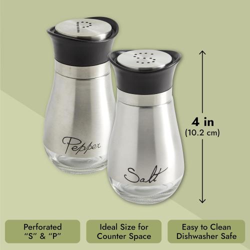 Juvale Stainless Steel Salt and Pepper Shakers Set with Holder, Refillable, Clear Glass Bottoms, Screw-Off Perforated S and P Caps for Kitchen Table Decor (4oz)
