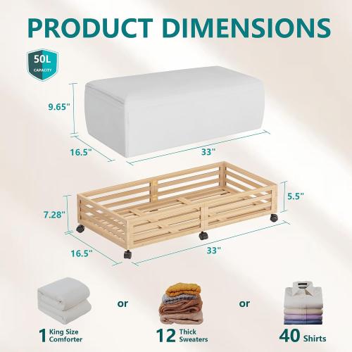 Wisuce Bamboo Under Bed Storage Containers- Underbed Organizer with Wheels with Large Dust Bag,Sturdy Wood Rolling Under the Bed Shoe Storage Organizer Drawer 2 Packs (Nature, Long)
