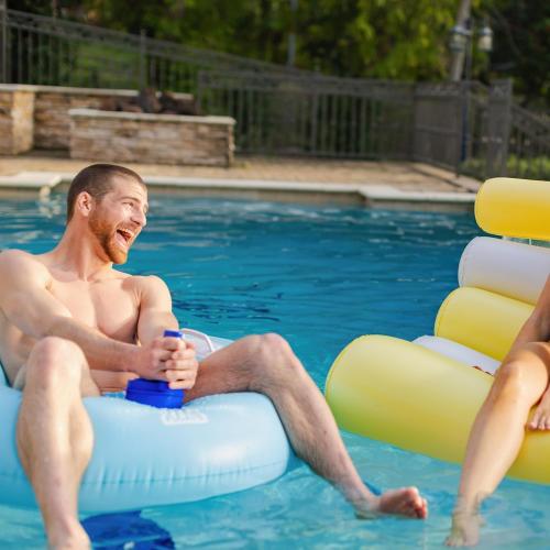 Comfy Floats Motorized Pool Float with 12V Propeller and Cup Holder | 12V motor with 360 degree steering and a built-in cup holder. Oversized tube sized for adults on pools and calm lakes.