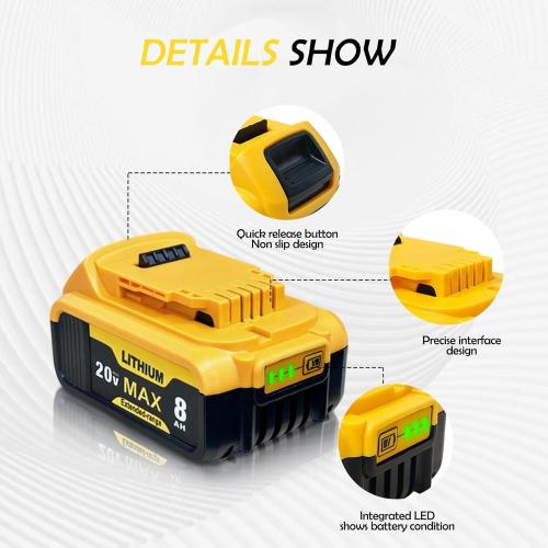 2-Pack 8000mAh Replacement for Dewalt 20V MAX Battery - Compatible with DCB200 DCB206 DCB207 DCB201 and Cordless Tools, High Capacity & Long-Lasting Power