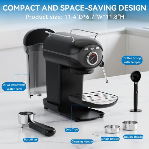 Espresso Machine, 20 BAR Pump Temperature Control, Compact Espresso Maker with Steam Milk Frother, Professional Coffee Makers for Home, Cappuccino, Latte, Gifts for Coffee Lover, Black