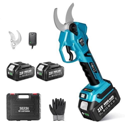 SEESII Electric Pruning Shears Cordless: Up to 1.6 Cutting Diameter Power Pruner - 2 Pcs 4.0Ah Batteries, Brushless Motor, Extra SK5 Blade, 4 Modes Adjustable Branch Cutter for Tree Flower Trimming