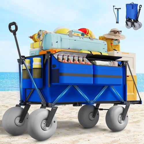 Beach Wagon with Big Wheels for Sand - 450lbs Load Heavy Duty Wagons Carts Foldable with 9 All Terrain Inflatable Tires, Collapsible Beach Cart for Grocery Shopping Garden Sports Camping Outdoor