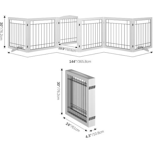 Vantas Folding Pet Gate 144 Wide, 30 Tall No-Assembly Wooden Dog Gate with Door Walk Through, Freestanding Wire Pet Gate, Pet Puppy Safety Fence, with 2PCS Support - White