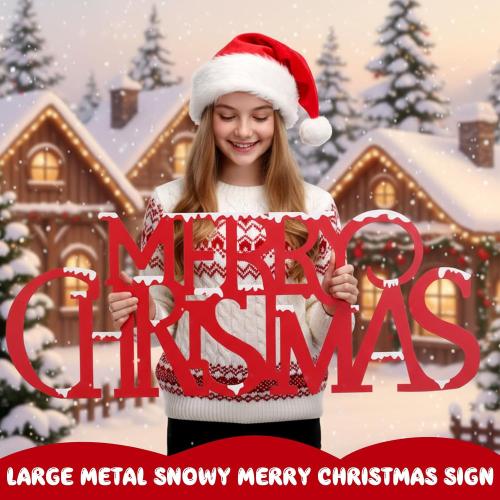 Chunful 36 Inch Large Snowy Metal Merry Christmas Wall Sign Xmas Hanging Door Sign 3D Red Merry Christmas Cutout Letter Decorative for Xmas Wall Indoor Outdoor Living Room Yard Supplies