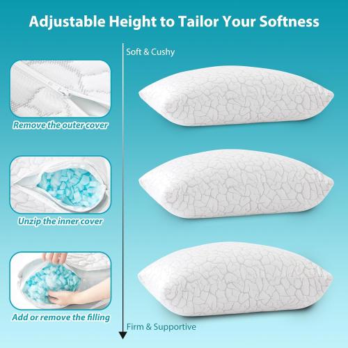 Cooling Pillows for Sleeping 2 Pack, Adjustable Shredded Memory Foam Pillows Queen Size Set of 2, Firm Bed Pillows for Side Back Stomach Hot Sleepers, Cold Pillow with Removable Washable Cover