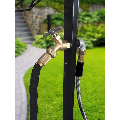 Freestanding Outdoor Garden Hose Holder Stand with Brass Faucet, Heavy Duty Metal Water Hose Reel Storage Stake Rack for Backyard, Black (Hose not Included)