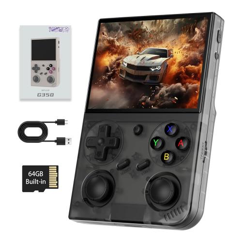 G350 Retro Handheld Game Console , G350 Retro Gaming Console 3.5'' IPS Screen Linux System Built-in 64G TF Card 20 Emulators Pre-Installed 4371 Games Retro Game Console with 3200mAh Battery Black