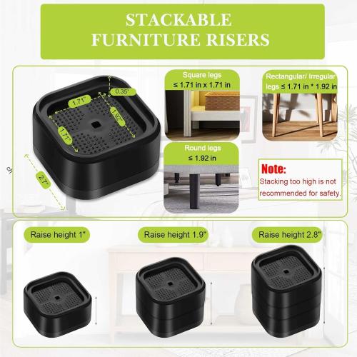 8 Pack Furniture Risers 1 or 2 Inch, Adjustable Bed Risers Heavy Duty For Table Desk Couch Chair Sofa Cabinet Bed Legs Dorm, Square Stackable Bed Raisers Blocks Lift Height 1, 2 or 3, Black