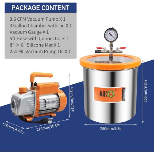 BACOENG 3 Gallon Vacuum Chamber Kit with 3.6 CFM 1 Stage Vacuum Pump, Degassing Chamber Kit with Acrylic Lid for Resin, Not for Making Fish Lures