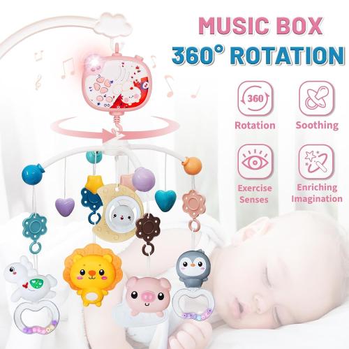 Baby Mobiles for Cribs, Crib Mobile with Music and Lights, Nursery Musical Mobile for Bassinets Hanging Toys with Remote Control, Rotation, Projection, Animal Mobile Arm Clip On for Infant Boys Girls