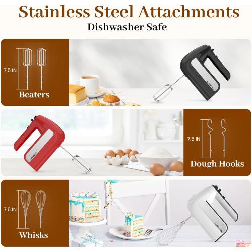5-Speed Electric Hand Mixer, 800W Handheld Mixer with Turbo for Baking & Cooking, Kitchen Food Mixer with Storage Case & 6 Stainless Steel Attachments (2 Beaters, 2 Dough Hooks, 2 Whisks)-Black