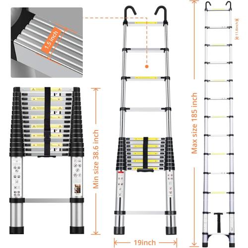 EvaStar 15.5FT Telescoping Ladder, Aluminum Lightweight Extension Ladder w/Hooks & Stabilizers, 330lbs Capacity Collapsible Ladders, Extension Telescopic Ladder for Home, Outdoor, RV - Silver