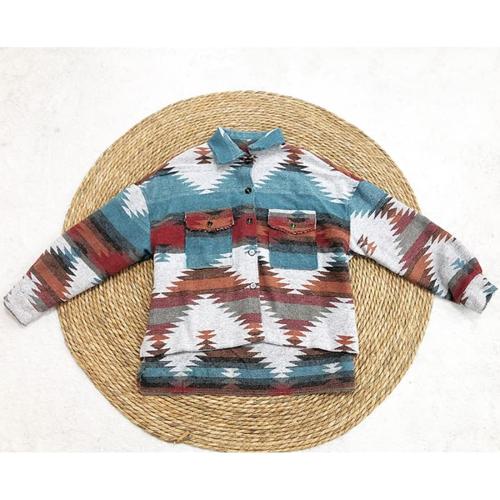 happlan Aztec Denim Jacket For Women Lapel Button Down Print Shirt Coat Shacket size large