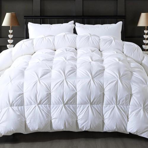 OEKO TEX FULL/ QUEEN® Feather Comforter Queen Size Duvet Insert, Luxurious Fluffy Hotel White Pinch Pleat Bedding Comforter - Ultra Soft All Season 100% Cotton Shell,  90x90 Inch