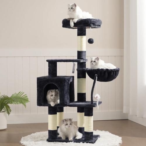 Heybly Cat Tree with Toy, Cat Tower Condo for Indoor Cats, Cat House with Padded Plush Perch, Cozy Hammock and Sisal Scratching Posts, Smoky Gray HCT004SG