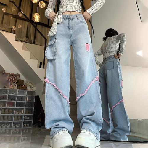 Grunge Y2K Goth Vintage Casual High Rise Loose Straight Wide Leg Pink Ripped Frayed Raw Trim Cargo Jean Pants large