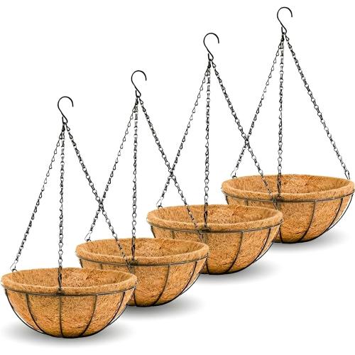 14 inch Metal Hanging Baskets For Plants Outdoor 4 Pack Round Metal Wire Hanging Basket Planter with Coco Fiber Liners Chain Round Wire Plant Holder for Garden, Patio, Deck, Porch Plants Flower Potss