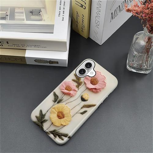 Case for iPhone 16 Case,Faux Embroidery Boho Floral Design - Hybrid Dual Protection Silicone   Hard PC Shockproof Full Body Cover Slim Anti-Scratch Protective Case for Men Women