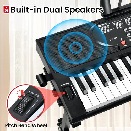 61 Key Keyboard Piano, Electric Piano Keyboard with Lighted Keys, Pitch Bend, Built-in Speakers- Includes Piano Stand and Bench, Microphone, Portable Keyboard Piano for Beginners