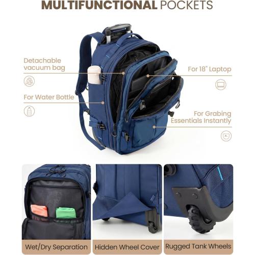 Fanwoli Rolling Vacuum Backpack Travel with One-Button Compression, 55L Expandable, Water Resistant Carry-On Suitcase Luggage, Ideal for Outdoor/Family/Trips‼️light dirt‼️