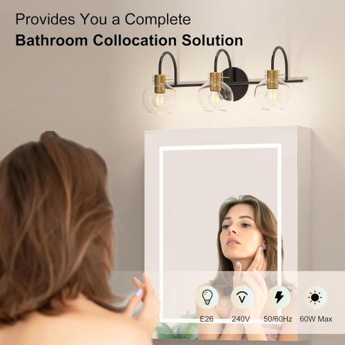 Bathroom Vanity Light Fixtures,3 Light Brushed Black Wall Sconces, Modern Bathroom Lighting Over Mirror, UL Certified with Glass Shades, Vanity Lights for Bathroom, Bedroom, Hallway