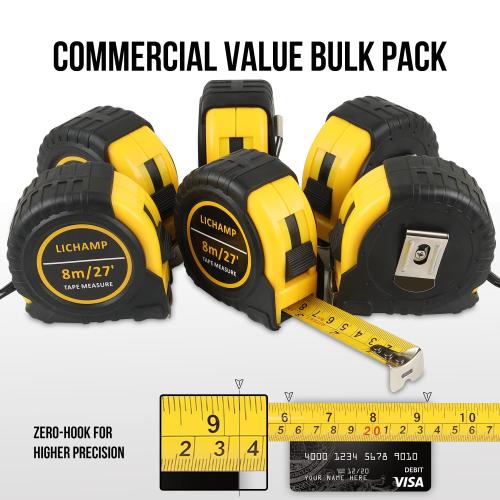 Lichamp 27FT/8M SAE and Metric Tape Measure 6 Pack, Retractable and Easy Read Measuring Tape Bulk Set, Min 1/8 inch Fraction and 1mm Scale
