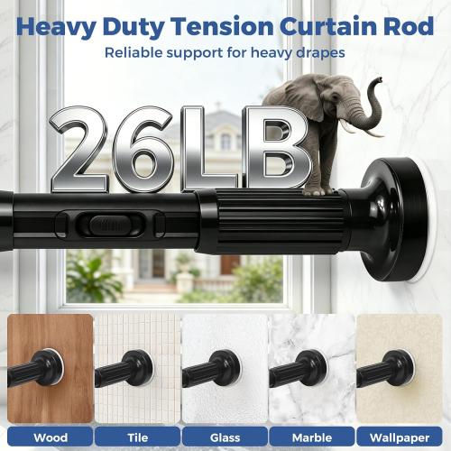Tension Curtain Rods 51-86 Inch(5-7.17Ft),Shower Curtain Rods No Drilling,Heavy Duty tension rod for Bathroom Windows Room Divider Outdoor Patio,Easy Install,Never Rust,Diameter 1.26 In-Black