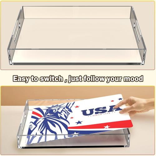 3PCS Acrylic Serving Tray Set with Interchangeable Inserts – Clear Decorative Tray with Handles for Food, Snacks, 4th of July Display, Patriotic Home & Bar Decor