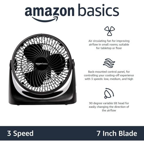 Amazon Basics Air Circulator Fan, Desk Fan for Bedroom, Home and Office, With 90-Degree Tilt Head, 3 Speed Settings, Lightweight (3 LBS), 35 Watts, Black, 11.1W x 6.3D x 10.9H