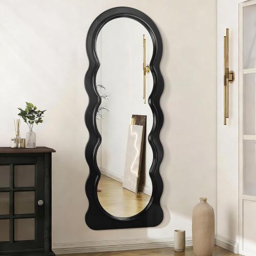 JJUUYOU Full Length Mirror Wavy Wood Framed Floor Mirror,Black Irregular Large Wall Mirrors 63x24 Decorative for Bedroom Living Room Entryway Bathroom Dressing Room Hanging