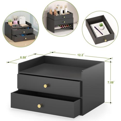 Bamboo Desk Organizer with Drawers Wooden Desktop Storage Drawers for Bills Office Supplies Kitchen Utensils Organizing Tool for Home Classroom Organization No Assembly (2 Drawers, Black)