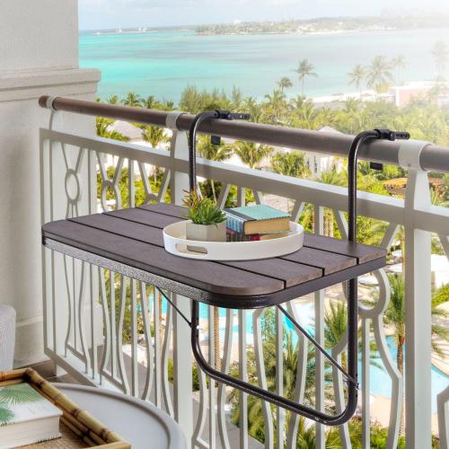 Size 23.6L x 15.7W Balcony Railing Table Outdoor Hanging Folding Brown Aluminium Metal Side Table Adjustable 23.6L x 15.7W