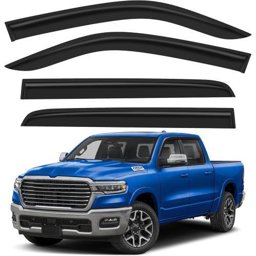 Shatterproof Tape-On Rain Guards for Dodge Ram 1500 2019-2026 Crew Cab (New Body Style), Out-Channel Window Deflectors Vent Window Visors Rain Sun Wind Guards, Not for Ram Classic