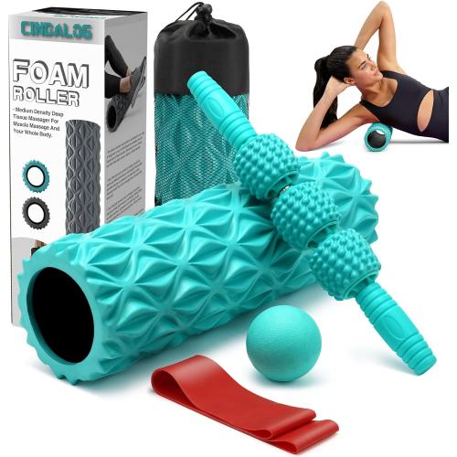 5 in 1 Foam Roller Set - Trigger Point Foam Back Roller, Muscle Roller Stick, Massage Ball, Stretching Band for Deep Muscle Massage Pilates Yoga,Fitness Exercise for Whole Body Release