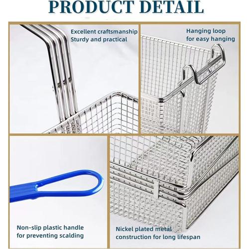 Size Large 2PCS Deep Fryer Basket Commercial Use, Non-Slip Handle Heavy Duty Nickel Plated Iron Construction Chip Basket, 13 1/4 x 6 1/2 x 6, Restaurant Kitchen Frying Chips Fish Sausages.