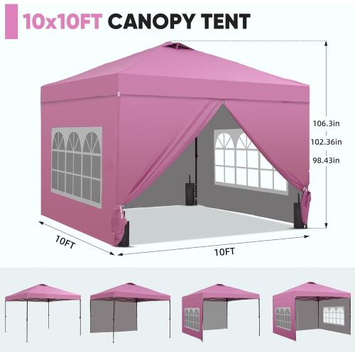 GDY 10x10 Pop Up Canopy Tent with 4 Sidewalls, Easy Set up with One Push Lift Outdoor Silver Coated Beach Gazebos, Carpas with 4 Sandbags, for Outdoor, Parties,Camping, Pink.