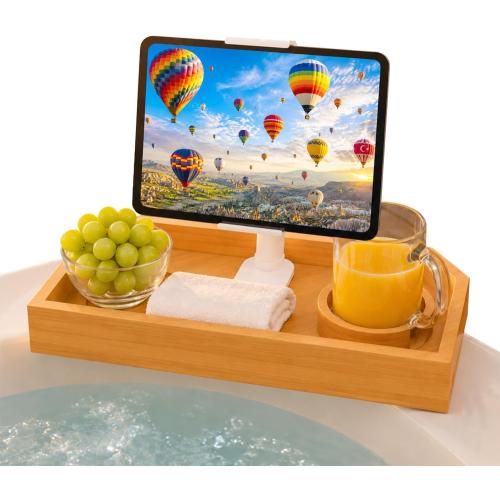 Bamboo Hot Tub Tray with 360°Adjustable Phone Holder, Hot Tub Drink Holder