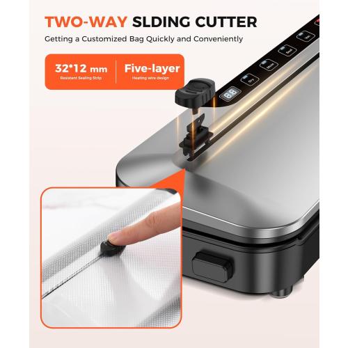 Vacuum Sealer Machine 75KPa Food with 6-in-1 Dry/Moist Modes & Digital Timer, Compact Lightweight Design, Built-in Cutter   10 Bags (Black Silver)